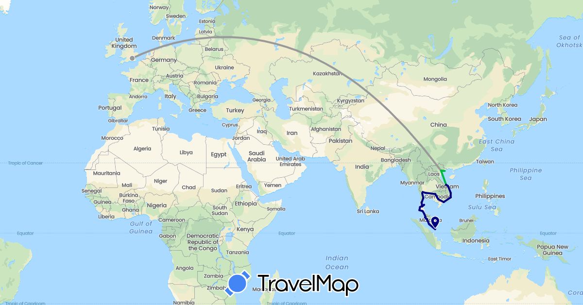TravelMap itinerary: driving, bus, plane in United Kingdom, Cambodia, Malaysia, Singapore, Thailand, Vietnam (Asia, Europe)